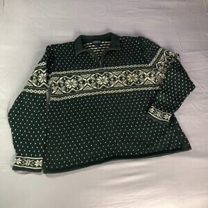 Vintage Nordic Snowflake‎ 1/4 Zip Pullover Sweater Land's End Large Forest Green